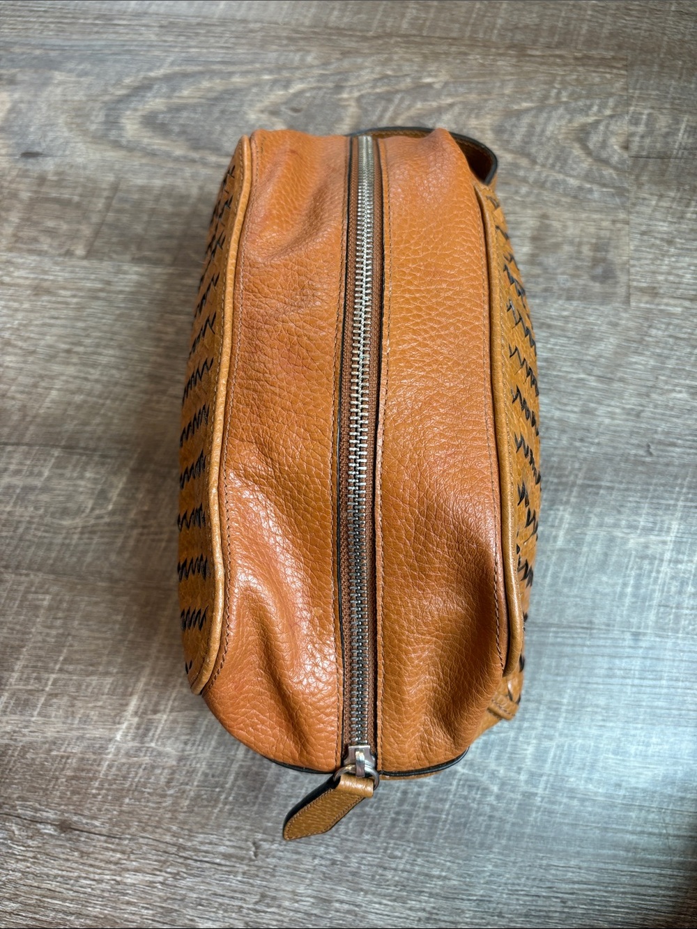Cole Haan Tan Woven Leather Toiletry Bag Travel 10” - Picture 5 of 11